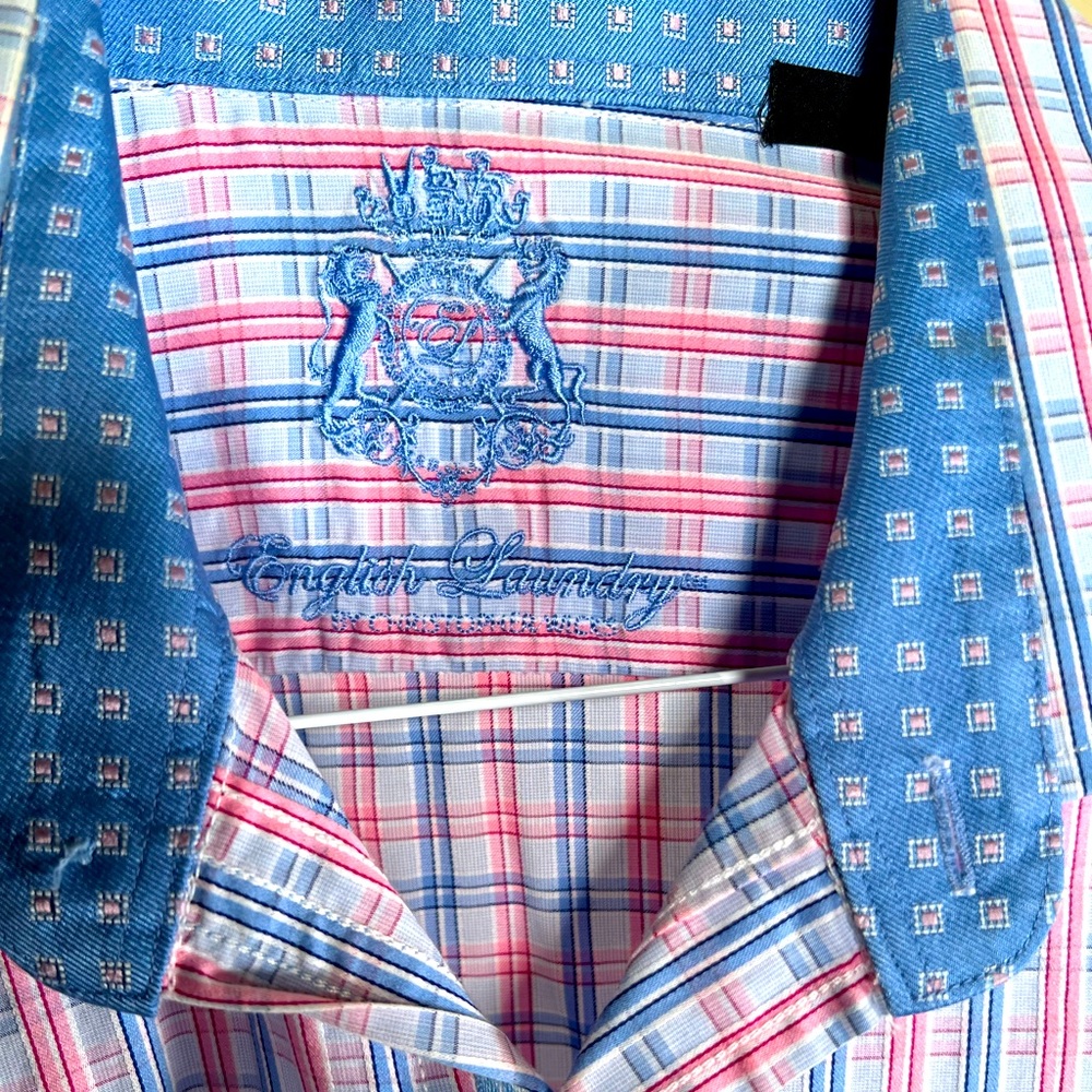 English Laundry dress shirt. Medium, 34/35. Red, blue and pink.